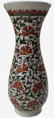 1920-1940 DÖNEMİ KÜTAHYA EL ÇİZİM KARANFİL DESENLİ ÇİNİ VAZO TAMAMEN EL BOYAMA  NADİR