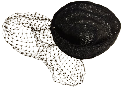 1950 SAPKA VINTAGE SİYAH PILLBOX (KUTU ŞAPKA) VEYA COCKTAIL FASCINATOR TİPİ BAYAN GECE ŞAPKASIDIR