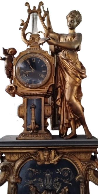 BÜYÜK BOY FRANSIZ GARNITURE SETİ: MERMER KAİDELİ ARP ÇALAN KIZ TEMALI MÜZİKAL ŞÖMİNE SAATİ VE İKİ ADET ŞAMDAN