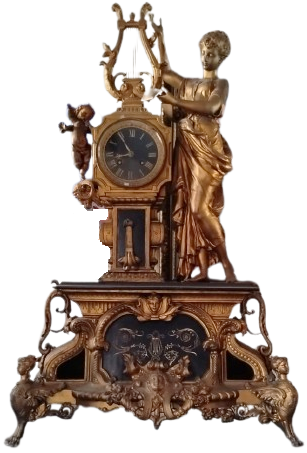 BÜYÜK BOY FRANSIZ GARNITURE SETİ: MERMER KAİDELİ ARP ÇALAN KIZ TEMALI MÜZİKAL ŞÖMİNE SAATİ VE İKİ ADET ŞAMDAN