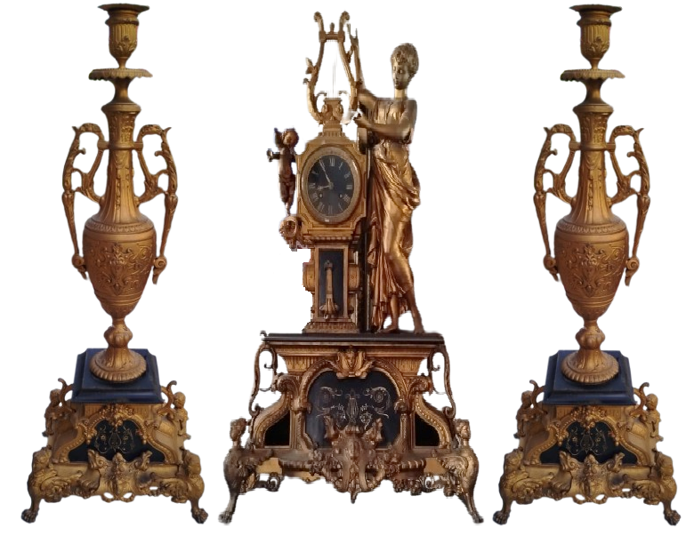 BÜYÜK BOY FRANSIZ GARNITURE SETİ: MERMER KAİDELİ ARP ÇALAN KIZ TEMALI MÜZİKAL ŞÖMİNE SAATİ VE İKİ ADET ŞAMDAN