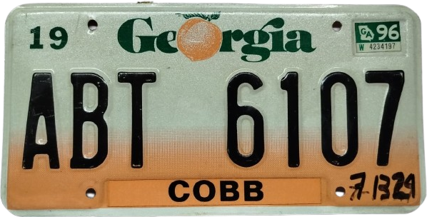 USA AMERİKA 19 GEORGIA ABT 6107 COBB TRAFİKDE KULLANILMIS METAL ALUMİNYUM FOSFORLU ORJINAL PLAKA