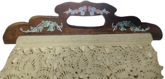 1960 AHŞAP SAPLI NOSTALJİK EL DOKUMA VE TIĞ İŞİ ÖZEL TASARIM EL ÇANTASI