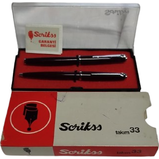 SCRİKSS TAKIM 33 VİNTAGE BORDO RENK DOLMA VE TÜKENMEZ KALEM SETİ ORİJİNAL KUTUSUNDA