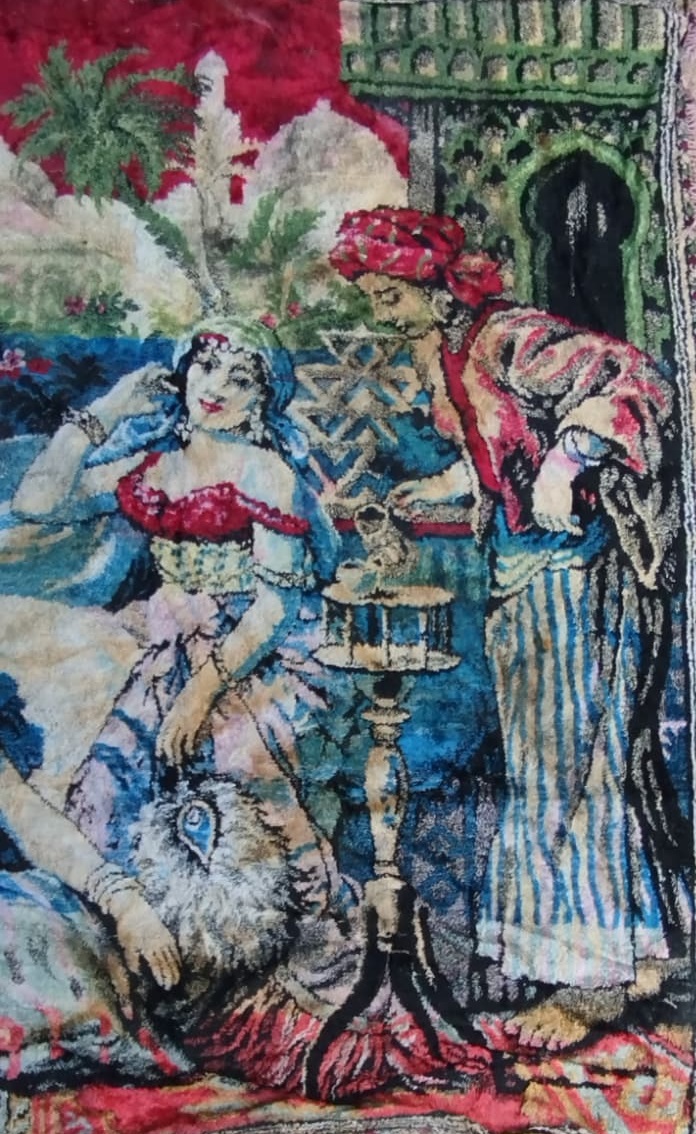 1960 DOĞU MASALLARI SARAY HAYATI FALCILAR TEMALI NOSTALJİK FLOS KADİFE DOKUMA DUVAR HALI