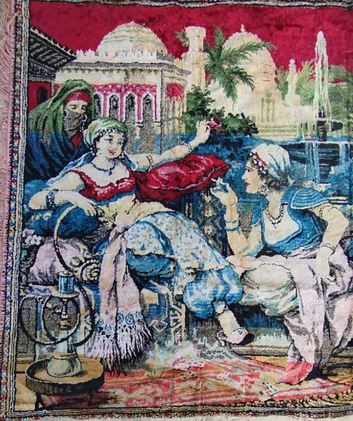 1960 DOĞU MASALLARI SARAY HAYATI FALCILAR TEMALI NOSTALJİK FLOS KADİFE DOKUMA DUVAR HALI