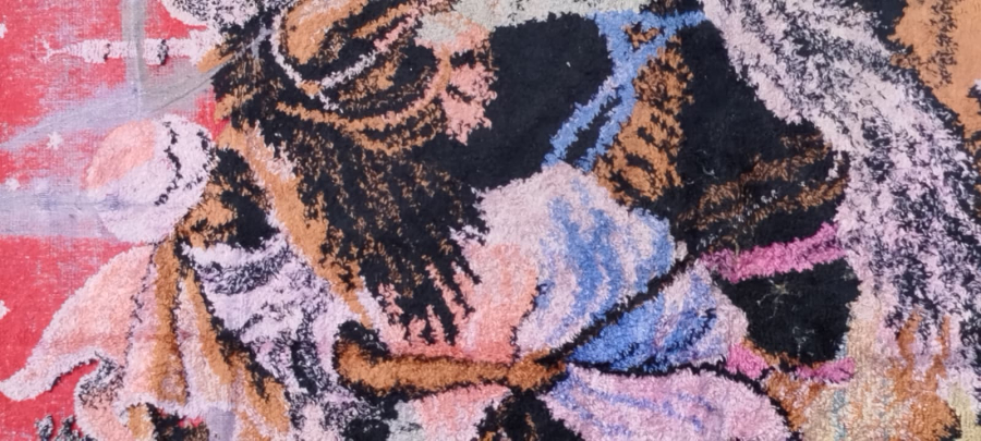 1970 FLOŞ KADİFE EL TEZGAH DOKUMA SARAYDAN KIZ KACIRMA TEMALI BÜYÜK BOY DUVAR HALISI