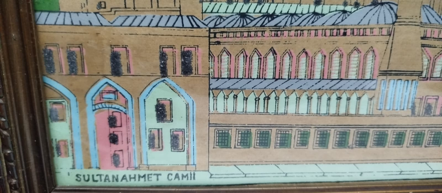 1950 SULTANAHMET CAMİİ VE MEYDANI CAMLI ORJINAL CERCEVESİNDE TAS BASKI 