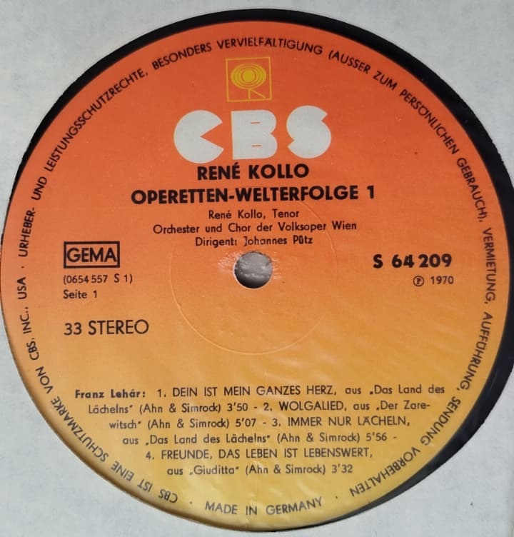 RENE KOLLO OPERETTEN WELTERFOLGE 1 ORİJİNAL 1970 ALMANYA BASKI 33 LUK PLAK