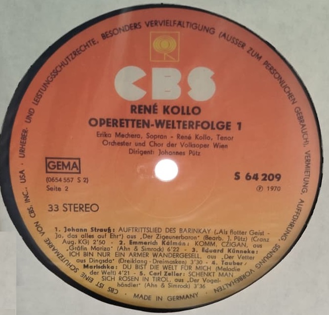 RENE KOLLO OPERETTEN WELTERFOLGE 1 ORİJİNAL 1970 ALMANYA BASKI 33 LUK PLAK