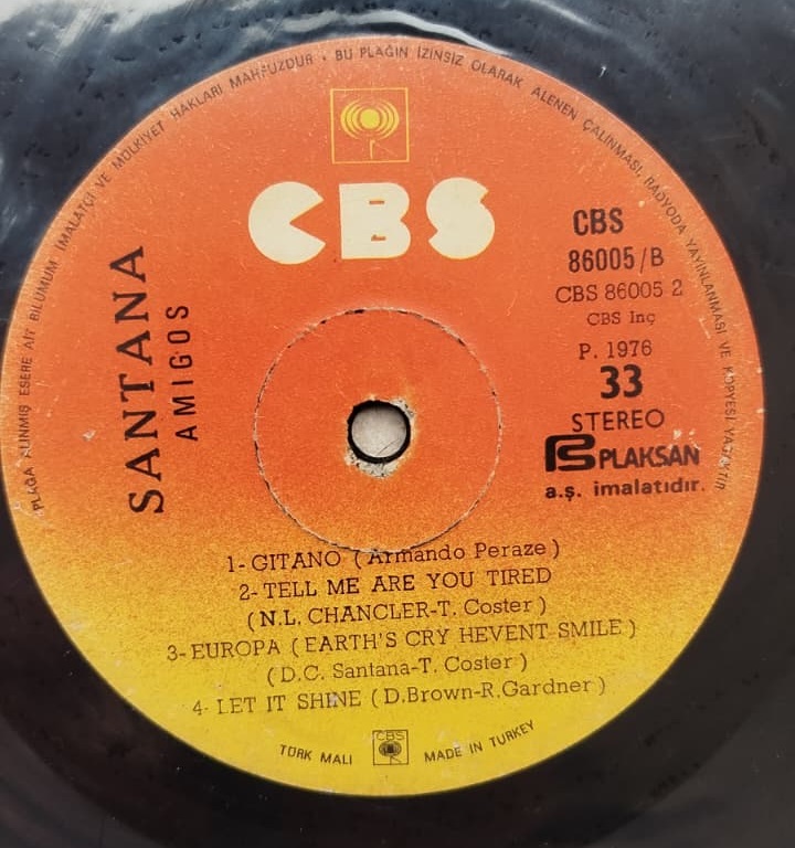 SANTANA AMIGOS 1976 TURKIYE BASKI ORİJİNAL  33 LUK LP PLAK KORUMA ZARFINDA