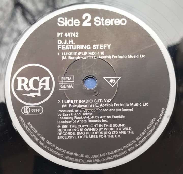 1991 D.J.H. FEATURING STEFY I LIKE IT ORJINAL ALMANYA BASKI 45 DEVİRLİK  LP  PLAK