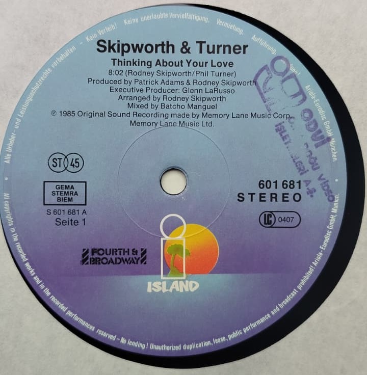 1985 SKIPWORTH AND TURNER THINKING ABOUT YOUR LOVE MAXI SINGLE ORJINAL ALMAN BASKI 45 LİK 12 İNC LP PLAK