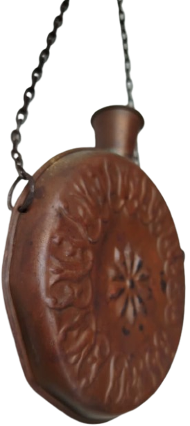 BAKIR MATARA EL İŞÇİLİĞİ UZERİ KABARTMA DESENLİ ZİNCİRLİ OSMANLI TARZI BAKIR MATARA 