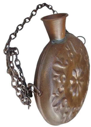 BAKIR MATARA EL İŞÇİLİĞİ UZERİ KABARTMA DESENLİ ZİNCİRLİ OSMANLI TARZI BAKIR MATARA