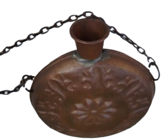 BAKIR MATARA EL İŞÇİLİĞİ UZERİ KABARTMA DESENLİ ZİNCİRLİ OSMANLI TARZI BAKIR MATARA