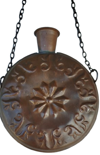 BAKIR MATARA EL İŞÇİLİĞİ UZERİ KABARTMA DESENLİ ZİNCİRLİ OSMANLI TARZI BAKIR MATARA