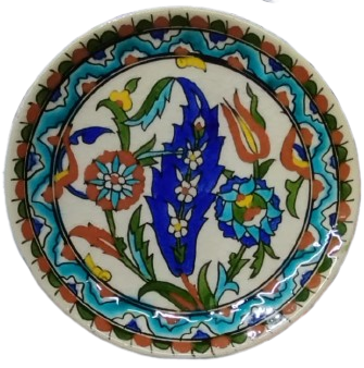 1950 İZNİK CİNİ TAMAMI EL CEKME YAZI VE OSMANMLI SAZ YAPRAGI  LALE VE KARANFİL SUSLEME BOYAMA  