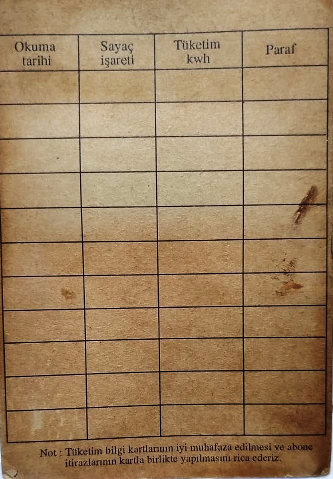 1970 YEŞİLKÖY BAKIRKÖY BÖLGESİNE AİT NOSTALJİK TEK ELEKTRİK TÜKETİM BİLGİ KARTI ORJİNAL