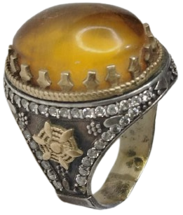 OSMANLI TARZI ANTİK GÖRÜNÜMLÜ GÜMÜŞ ÜZERİ KEHRİBAR TAŞLI VE ZİRKON TAS SÜSLEMELİ ÖZEL TASARIM ERKEK YÜZÜĞÜ