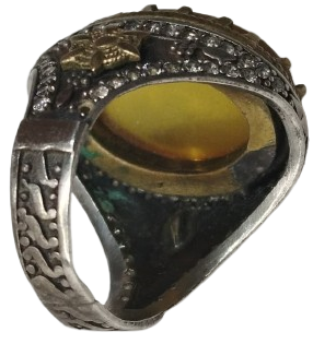 OSMANLI TARZI ANTİK GÖRÜNÜMLÜ GÜMÜŞ ÜZERİ KEHRİBAR TAŞLI VE ZİRKON TAS SÜSLEMELİ ÖZEL TASARIM ERKEK YÜZÜĞÜ