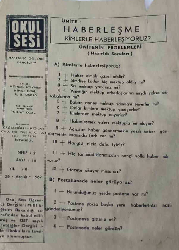  1970 DERGİ OKUL SESİ HAFTALIK OGRENCİ DERGİLERİ SAYI 15 HABERLESME KİMLERLE HABERLESİYORUZ
