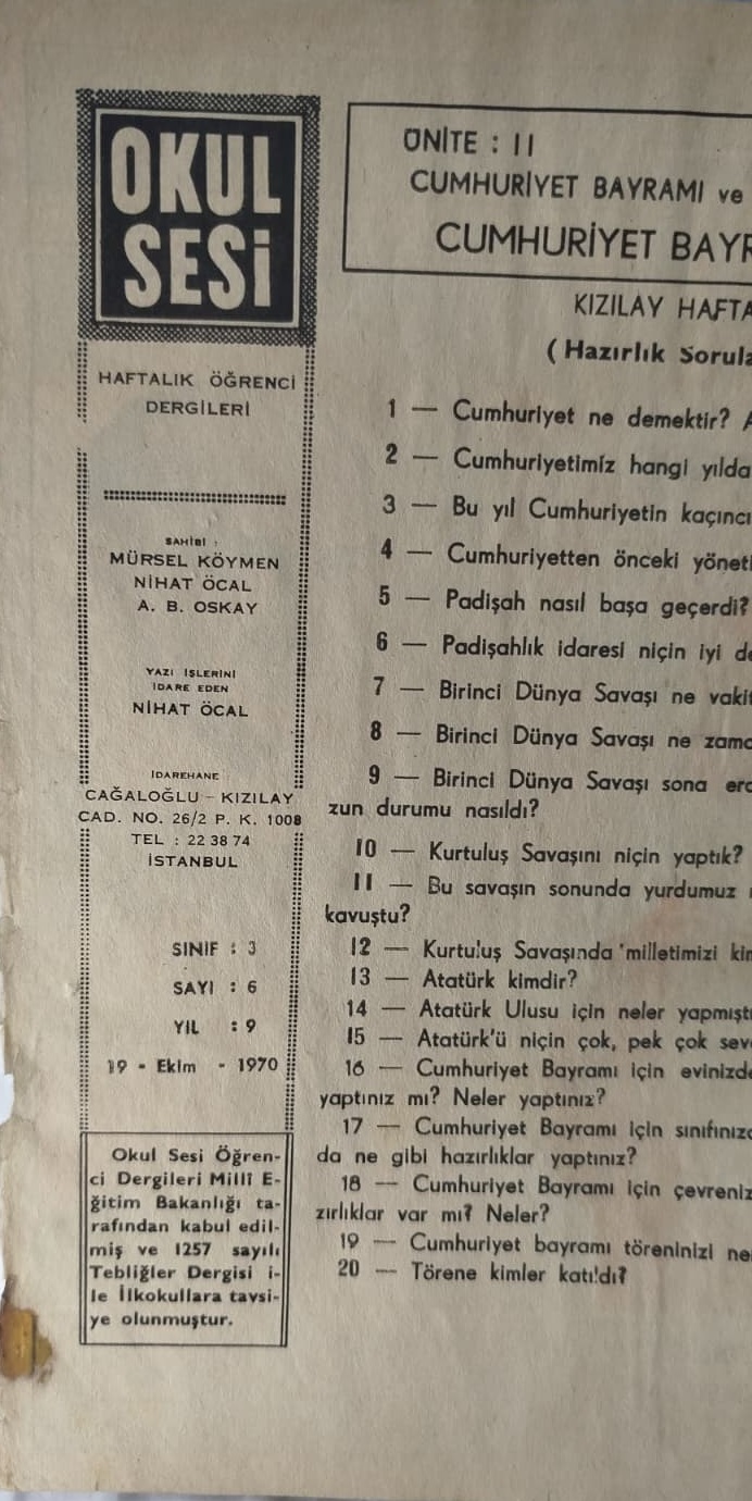  1970 DERGİ OKUL SESİ HAFTALIK OGRENCİ DERGİLERİ SAYI 6 CUMHURİYET BAYRAMI VE ATATURK
