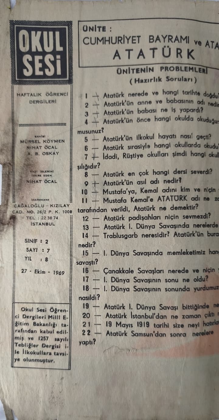 1970 DERGİ OKUL SESİ HAFTALIK OGRENCİ DERGİLERİ SAYI 7 CUMHURİYET BAYRAMI VE ATATURK