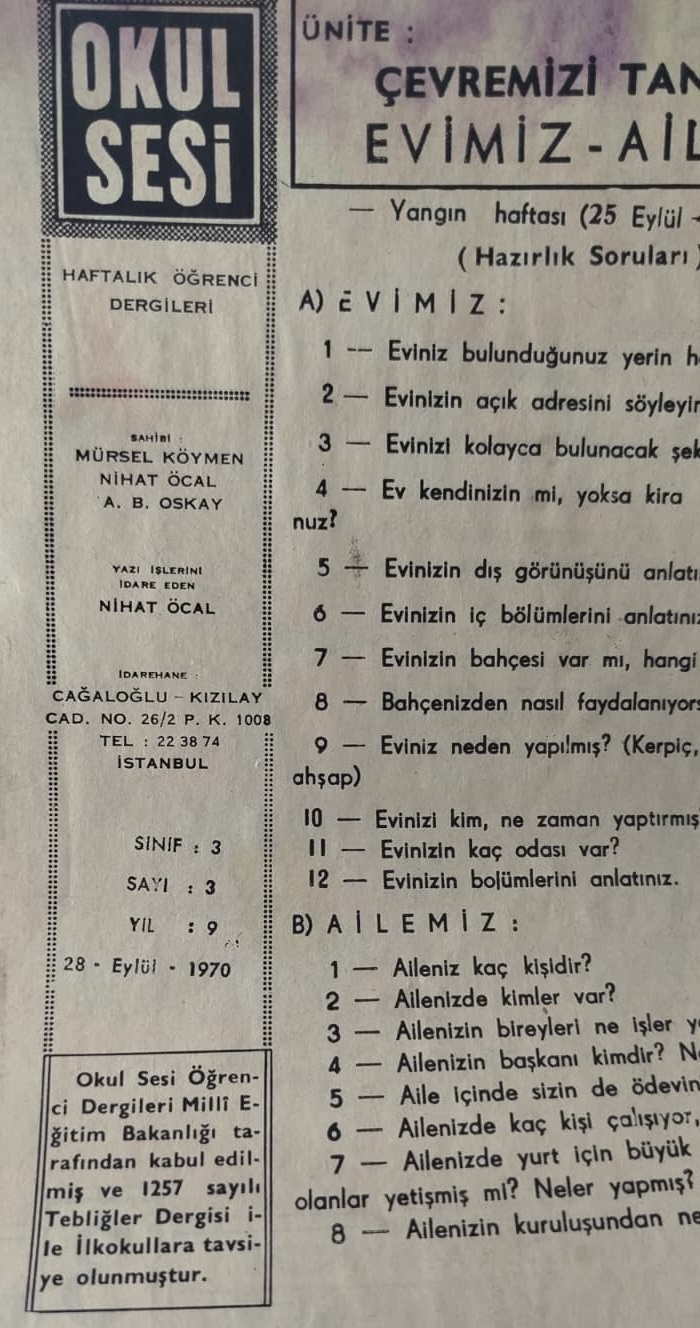 1970 DERGİ OKUL SESİ HAFTALIK OGRENCİ DERGİLERİ SAYI 3 EVİMİZ VE AİLEMİZ YANGIN HAFTASI