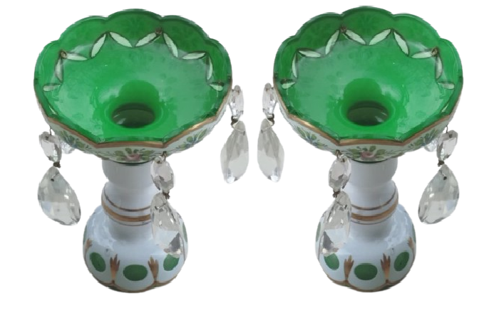 CEKESLOVAK ANTİKA BOHEMYA KRİSTALİ YEŞİL RENKLİ EL BOYAMA OPALİN ÇİFT ŞAMDAN MUMLUK TAKIMI