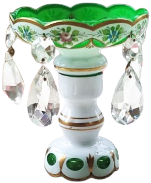 CEKESLOVAK ANTİKA BOHEMYA KRİSTALİ YEŞİL RENKLİ EL BOYAMA OPALİN ÇİFT ŞAMDAN MUMLUK TAKIMI