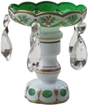 CEKESLOVAK ANTİKA BOHEMYA KRİSTALİ YEŞİL RENKLİ EL BOYAMA OPALİN ÇİFT ŞAMDAN MUMLUK TAKIMI