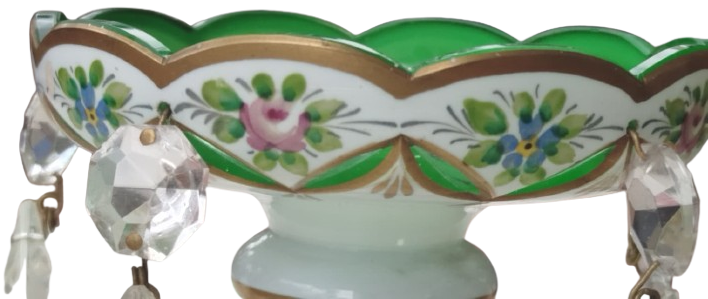 CEKESLOVAK ANTİKA BOHEMYA KRİSTALİ YEŞİL RENKLİ EL BOYAMA OPALİN ÇİFT ŞAMDAN MUMLUK TAKIMI