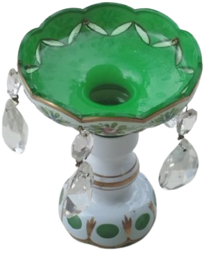 CEKESLOVAK ANTİKA BOHEMYA KRİSTALİ YEŞİL RENKLİ EL BOYAMA OPALİN ÇİFT ŞAMDAN MUMLUK TAKIMI