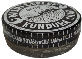 TARİHLİ NURİ LEFLEF ŞAFAK MARKA NO 35 ANTİKA SİYAH BASKILI TENEKE KUTULU KUNDURA AYAKKABI CİLASI 