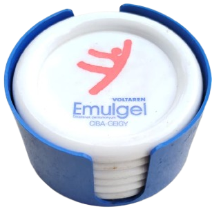 VINTAGE CIBA-GEIGY VOLTAREN EMULGEL LOGOLU KOLEKSİYONLUK 6'LI BARDAK ALTLIĞI SETİ VE MAVİ KABI