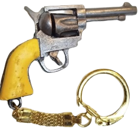 TOPLU TABANCA SİLAH REVOLVER TASARIMLI MASKOT METAL ANAHTARLIK  COVBOY MODELİ SARI KABZALI SARI ZİNCİRLİ KOLEKSİYONLUK