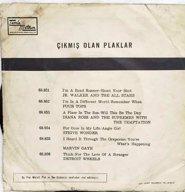 AMERIKALI SOUL VE RHYTHM AND BLUES SANATCISI MARVIN GAYE IN EFSANEVLES MIS PARCASI I HEARD IT THROUGH THE GRAPEVINE ORIJINAL 45 LIK PLAK KABINDA