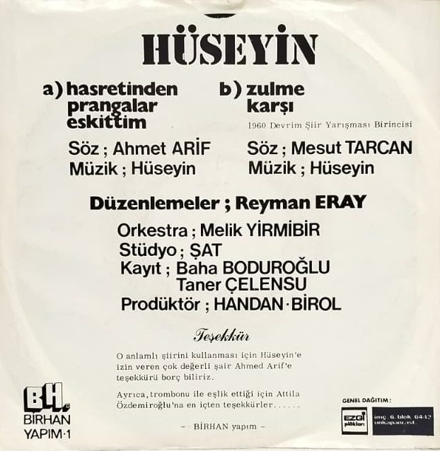 HASRETİNDEN PRANGALAR ESKİTTİM HÜSEYİN 45 LIK PLAK BİRHAN YAPIM 1976 BASIMI NADİR KOLEKSİYONLUK ESER