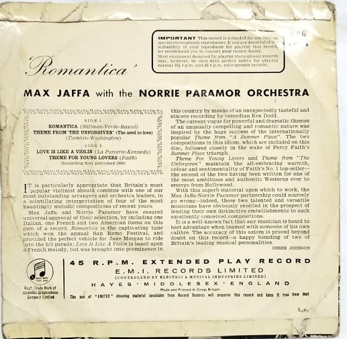 MAX JAFFA VE NORRIE PARAMOR ORCHESTRA ROMANTICA 45LIK PLAK COLUMBIA REKOR 1960 İNGİLTERE BASIM NADİR STEREO EXTENDED PLAY GRUP