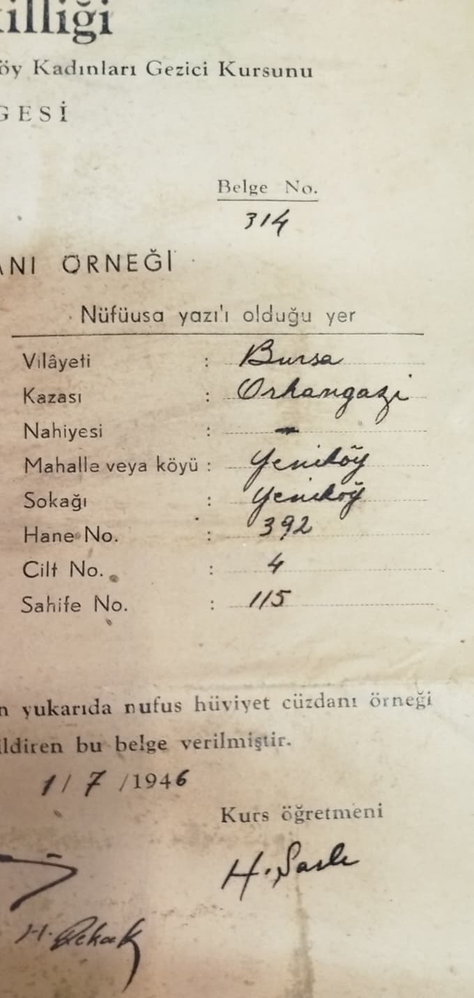 1946 YILI T.C. MAARİF VEKİLLİĞİ BURSA VİLAYETİ ORHANGAZİ KÖY KADINLARI GEZİCİ KURSU BİTİRME BELGESİ DİPLOMA