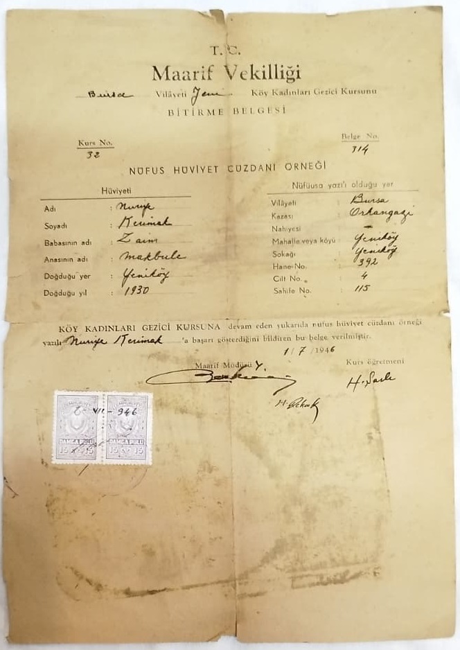 1946 YILI T.C. MAARİF VEKİLLİĞİ BURSA VİLAYETİ ORHANGAZİ KÖY KADINLARI GEZİCİ KURSU BİTİRME BELGESİ DİPLOMA