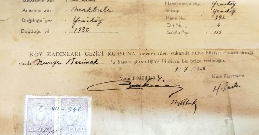 1946 YILI T.C. MAARİF VEKİLLİĞİ BURSA VİLAYETİ ORHANGAZİ KÖY KADINLARI GEZİCİ KURSU BİTİRME BELGESİ DİPLOMA