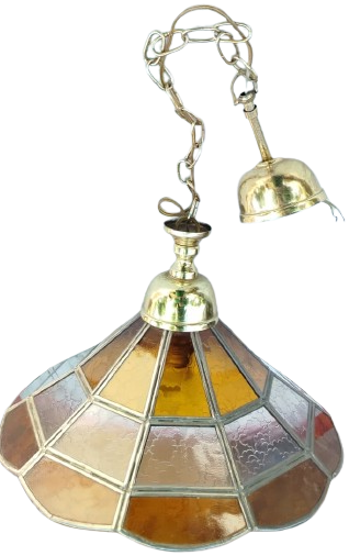 1970 RETRO DÖNEMİ BAL RENGİ DESENLİ CAMLARA SAHİP ESKİ VİTRAY NOSTALJİK ZİNCİRLİ SARKIT AVİZE AYDINLATMA