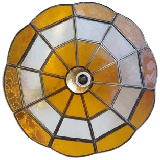 1970 RETRO DÖNEMİ BAL RENGİ DESENLİ CAMLARA SAHİP ESKİ VİTRAY NOSTALJİK ZİNCİRLİ SARKIT AVİZE AYDINLATMA