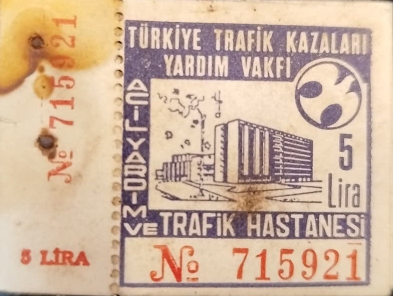 1972 TÜRKİYE TRAFİK KAZALARI YARDIM VAKFI  TRAFİK HASTANESİ 5 LİRA  MAKBUZ NO 715921 