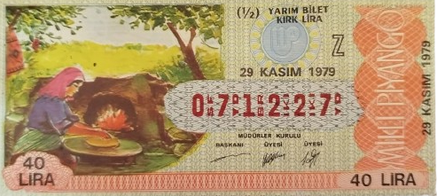 29 KASIM 1979 T YARIM BİLET (1/2) "YARIM BİLET" BİLET NUMARASI 071227 MİLLİ PİYANGO