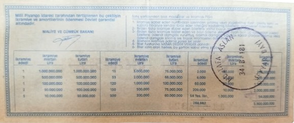 29 TEMMUZ 1989 TARİHLİ ÇEKİLİŞE AİT 360559  CEKİLİŞ NO  TAM BİLET MİLLİ PİYANGO