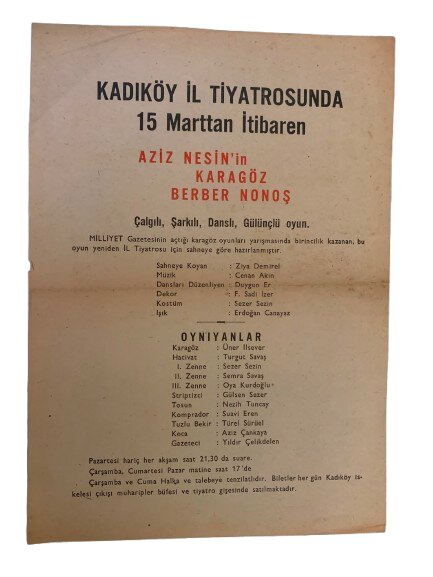 KADIKÖY İL TİYATROSU ''KARAGÖZ BERBER NONOŞ'' TİYATRO OYUN TANITIM EL İLANI