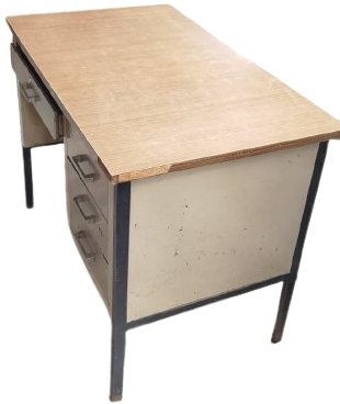 1970 METAL CELİK VE UZERİ  FORMİKA AHŞAP ÖĞRETMEN MEMUR ÇALIŞMA MASASI 4 CEKMECELİ 